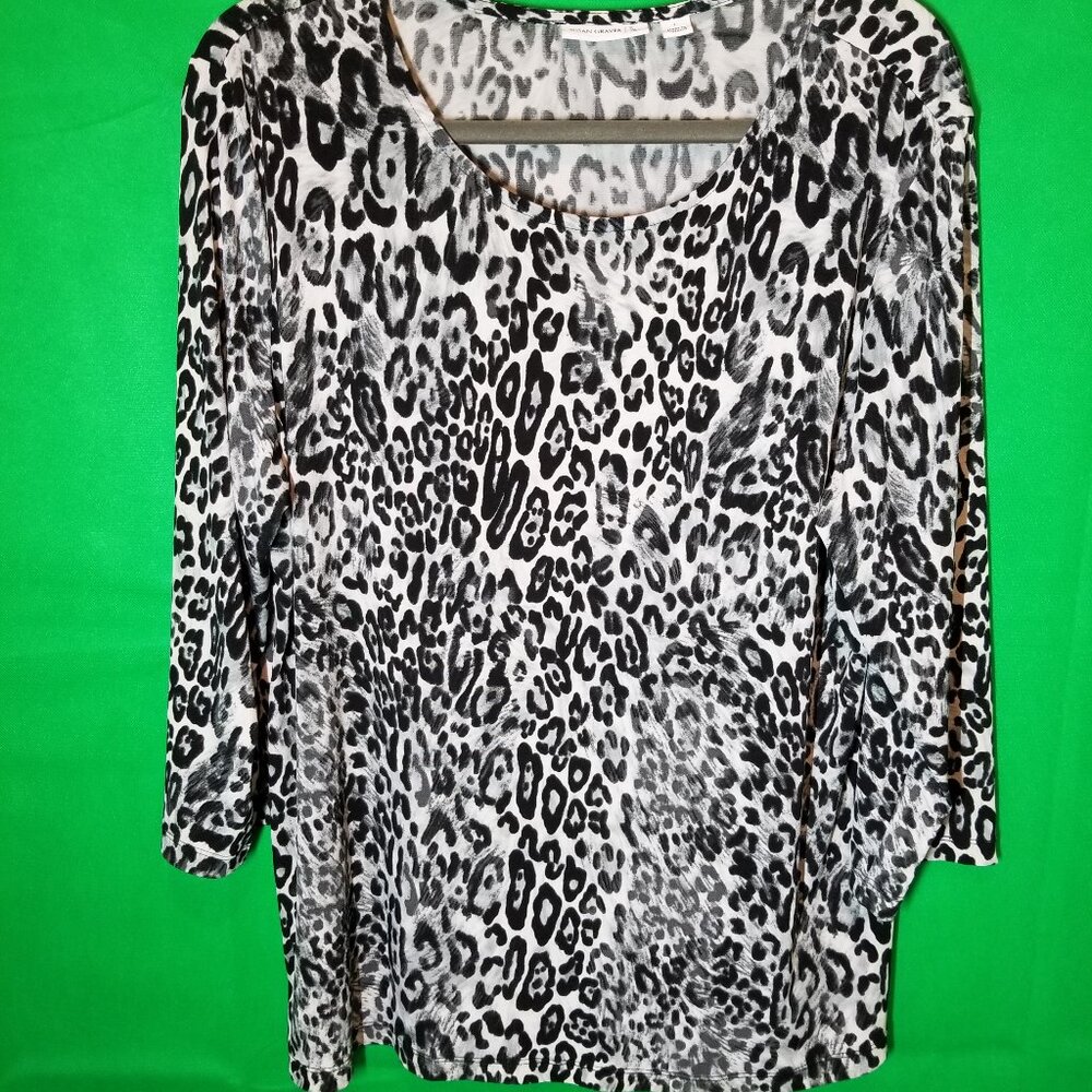 Susan Graver Liquid Knit 3/4 Sleeve Top Size Large Leopard Animal Print Office